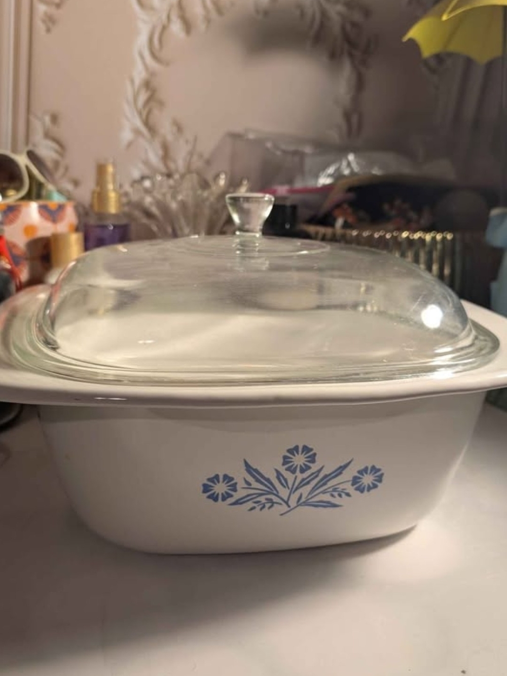 Corningware White Casserole with Blue Floral Pattern and Glass Lid